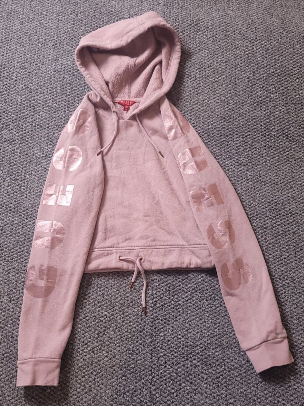 Guess Sweater Womens XS Extra Small Cropped Hoodie Pink Sweatshirt Pullover y2K